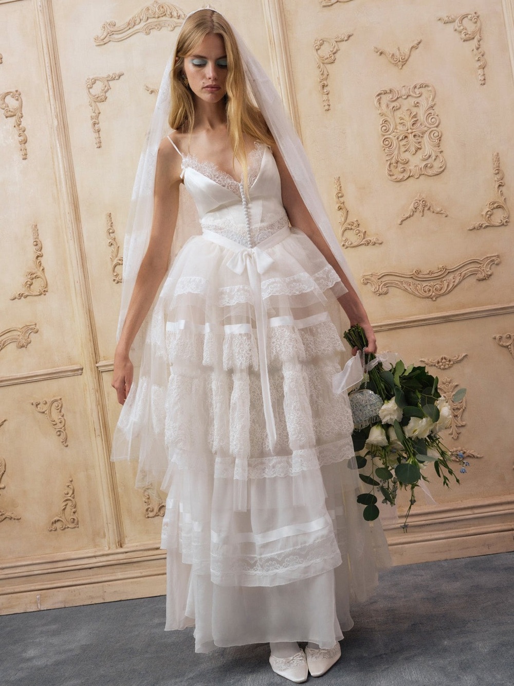 $1098 NWT For Love And Lemons “Gracie” Tiered Bridal Dress in White Sz 4